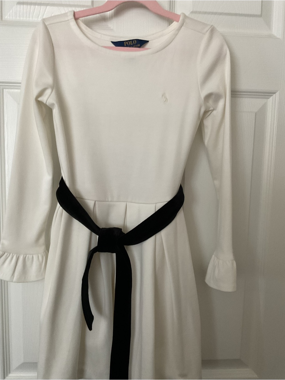 Polo by Ralph Lauren White Long-Sleeve Dress with Black Velet Waist Sash